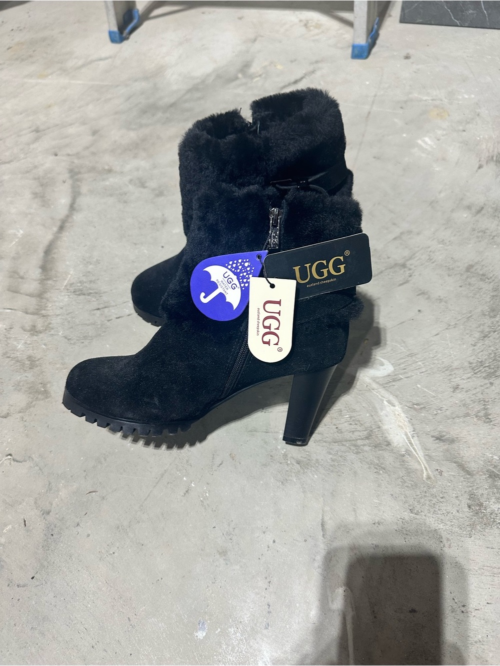 UGG Black Suede Shearling Mid-Calf Heeled Ankle Boots